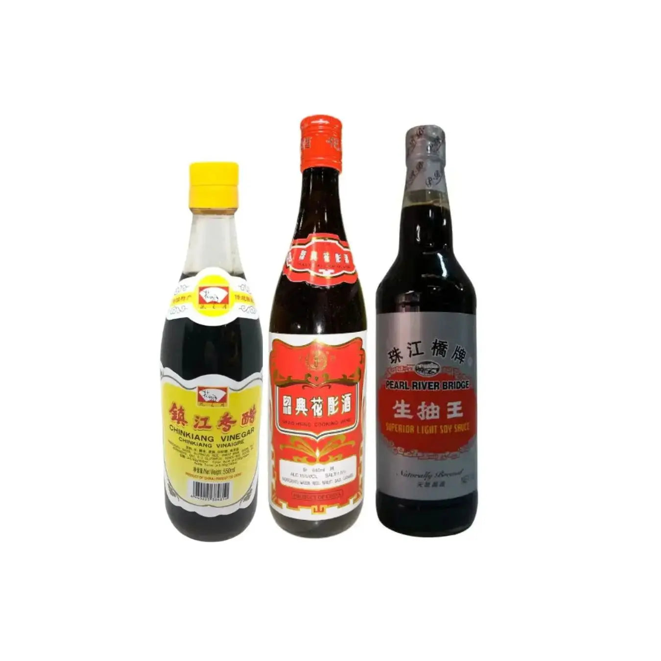 Chinese Kitchen Essentials Trio – Vinegar, Soy Sauce and Cooking Wine Pearl River Bridge