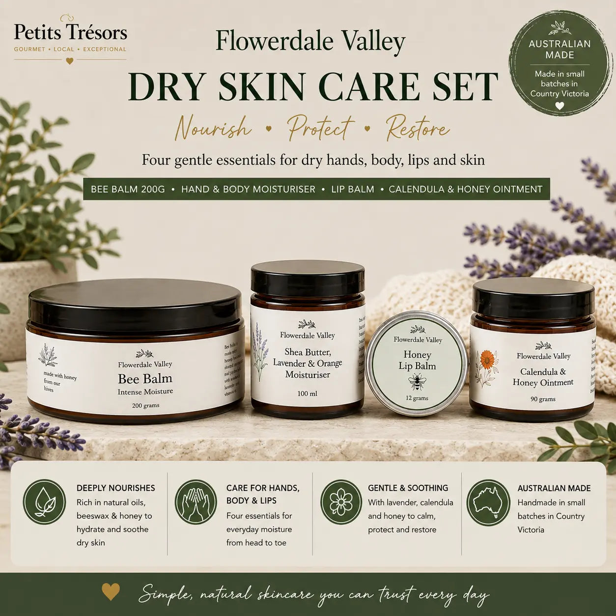 Flowerdale Valley Dry Skin Care Set – Bee Balm 200g, Moisturiser, Ointment & Lip Balm
