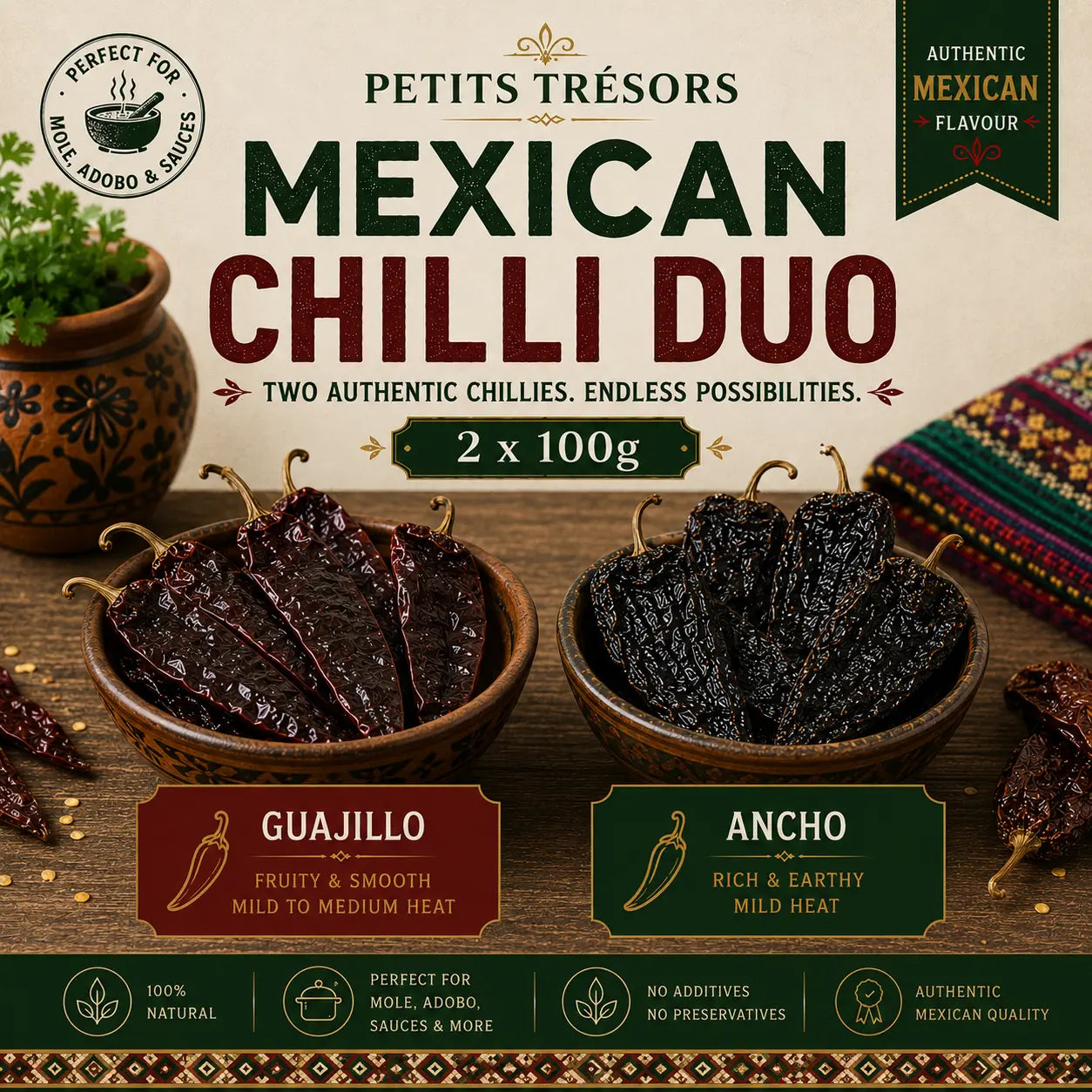 Guajillo and Ancho Chillies Bundle 2 x 100g – Deep Flavour, Mild Heat, Authentic Mexican Taste