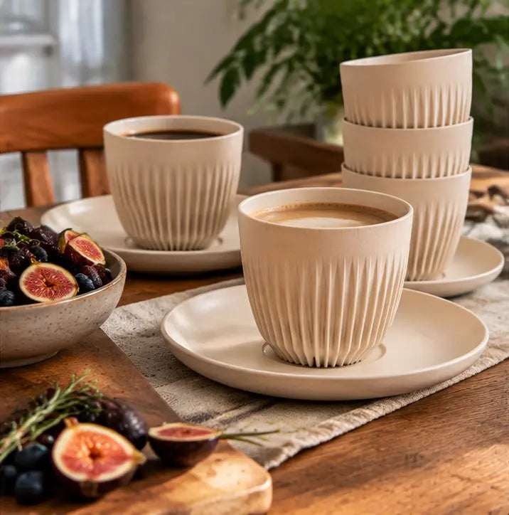 HuskeeOriginal 8oz Coffee Cups & Classic Saucers Set – 4 Cups + 4 Saucers Natural