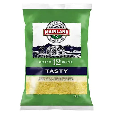 Mainland Tasty Grated Aged Cheddar Cheese 2 kg – Melts Smooth, Rich Full-Flavour Petits Tresors