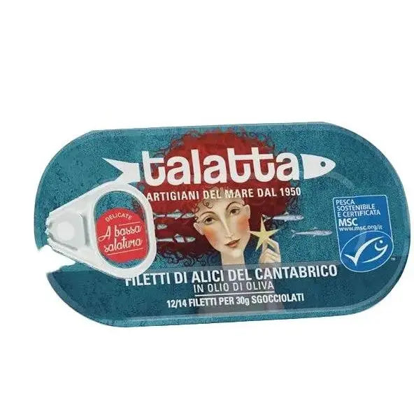 Tin of talatta fish fillets with branding and product details on a white background