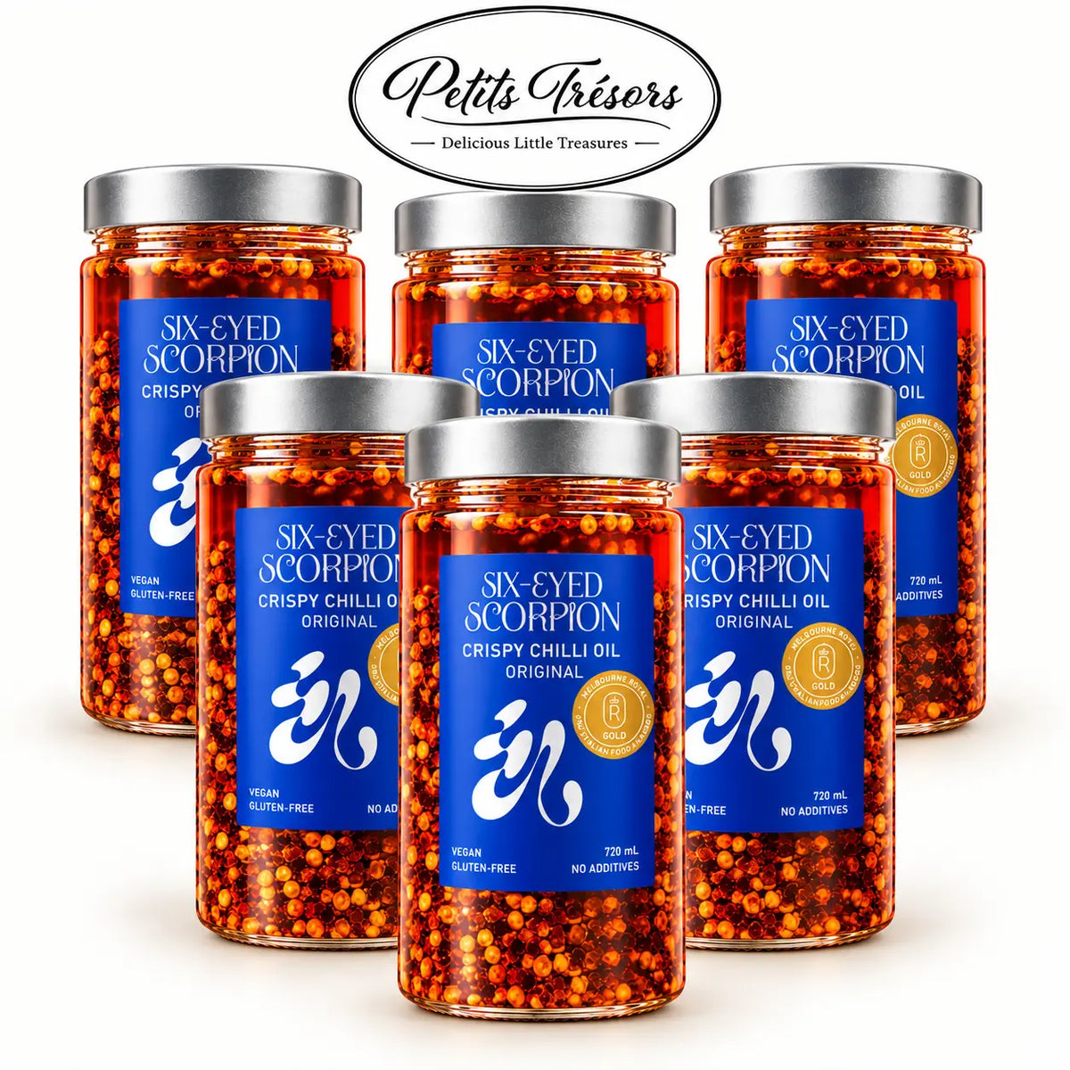 Six-Eyed Scorpion Original Crispy Chilli Oil XL 6 pack, 6 x 720ml jars, new-look label
