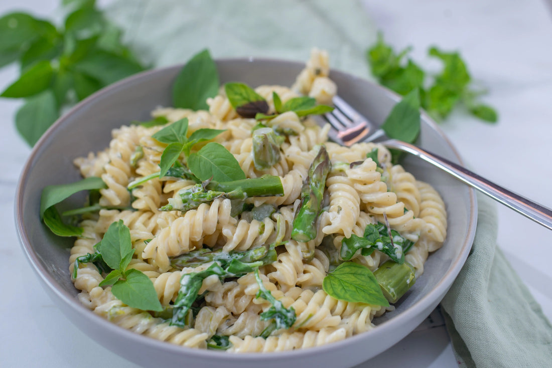 Creamy Mushroom & Asparagus Pasta (Gluten-Free & Vegan)