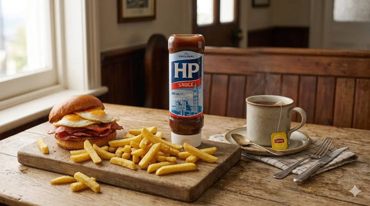 Bottle of HP Sauce The Original brown sauce with a bacon and egg roll and a cup of tea on a timber board