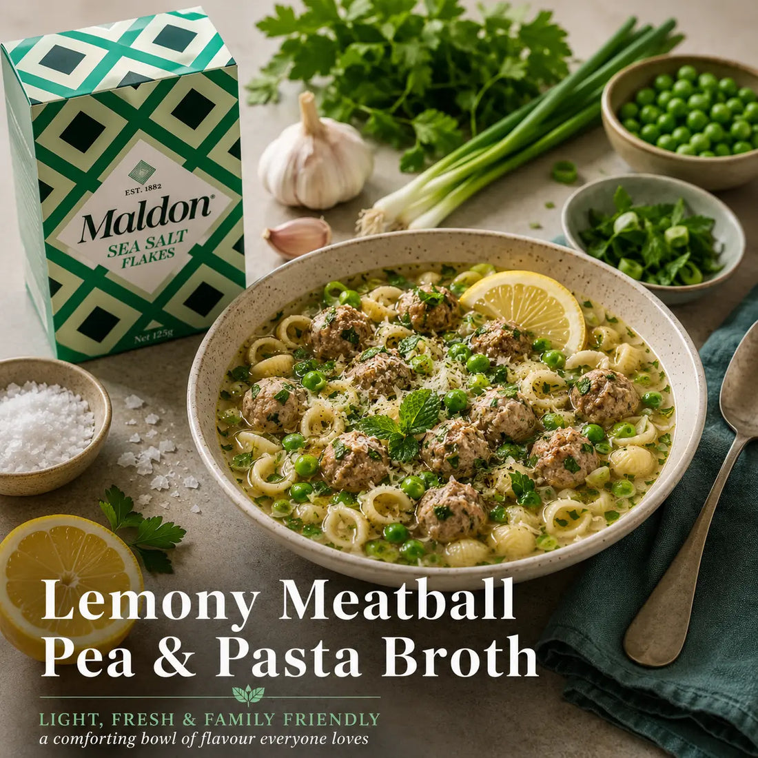 Lemony Meatball, Pea & Pasta Broth: A Fresh Family Favourite Petits Tresors