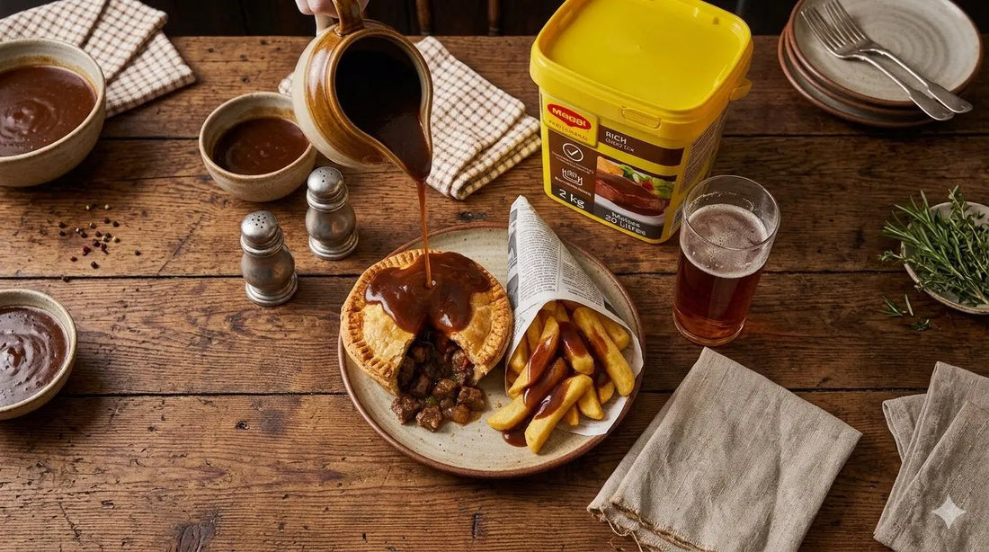 Maggi Rich Gravy Mix 2kg tub beside hot chips and a meat pie covered in thick brown gravy