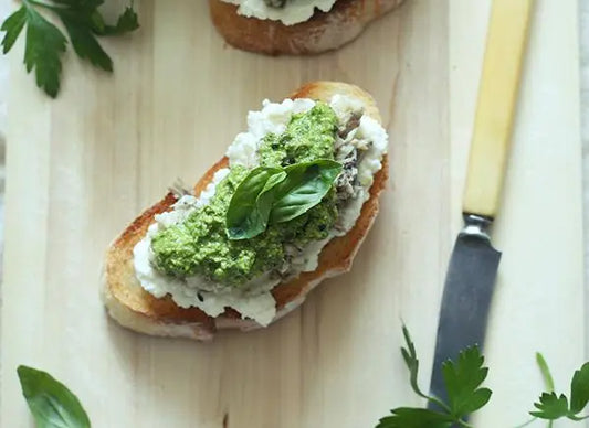 Sardine Toasts with Rocket, Basil & Walnut Pesto