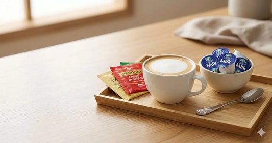 Dairy Farmers 15ml UHT milk portions in a bowl beside a cup of coffee on an office tea tray