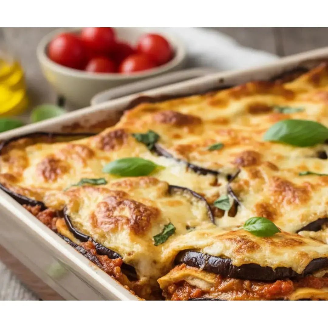 Our Vegan Eggplant Lasagne layers roasted eggplant, a rich tomato & Truffle sauce - Petits Tresors