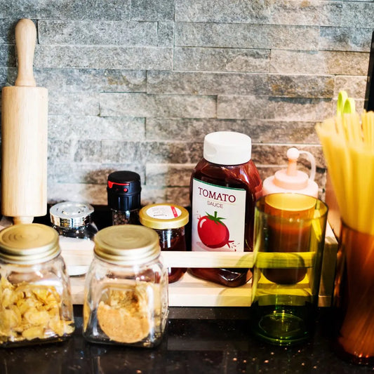 gourmet pantry ingredients organised on kitchen shelves