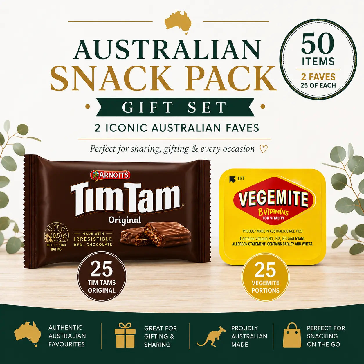 Ultimate Aussie Gift Pack – 25 Vegemite Portions & 25 Tim Tams | Travel, Gifting & Holidays - Petits Tresors