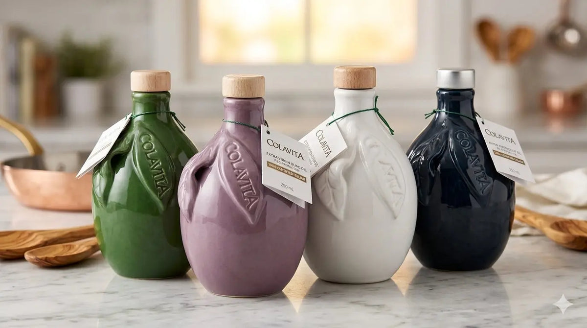 Colavita Extra Virgin Olive Oil ceramic decanters 250ml in white, green, purple and blue, each sold separately