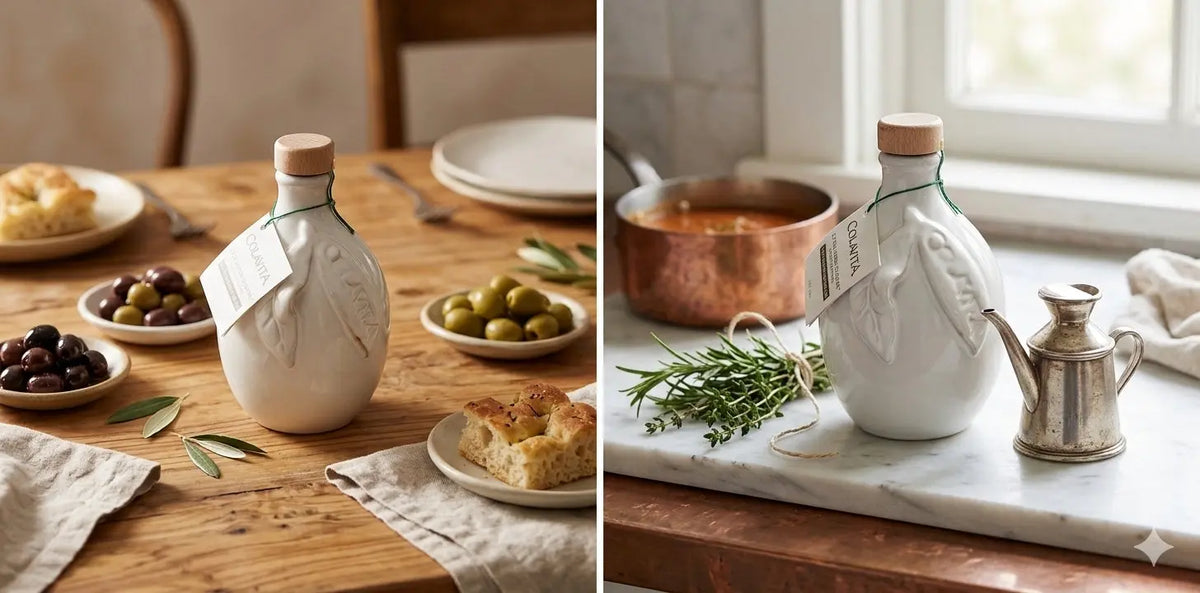 Colavita white ceramic olive oil decanter on a dining table