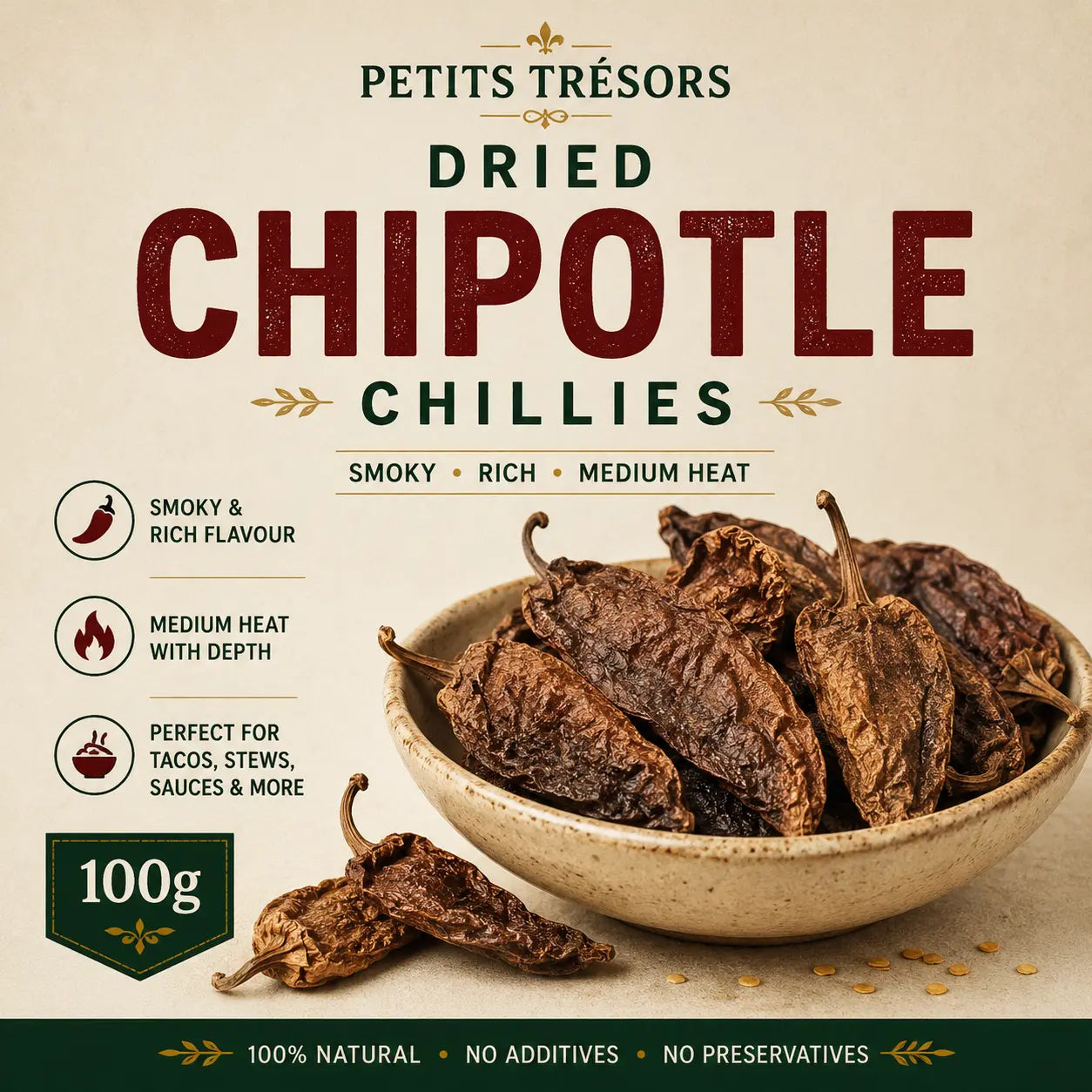 Dried Chipotle Chillies 100g | Petitstresors - Petits Tresors