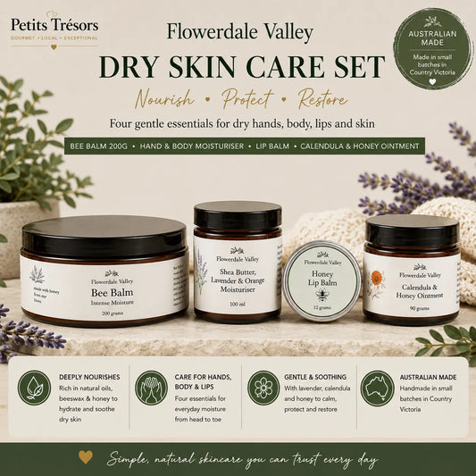 Flowerdale Valley Dry Skin Care Set – Bee Balm 200g, Moisturiser, Ointment & Lip Balm