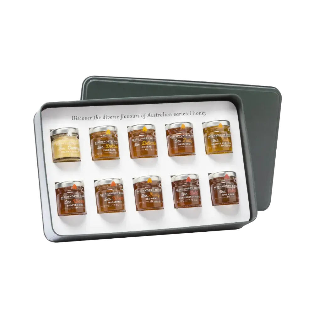 Australian Honey Sampler Tin – 10 Mini Jars (40g & 45g) with Tasting Experience Beechworth Honey