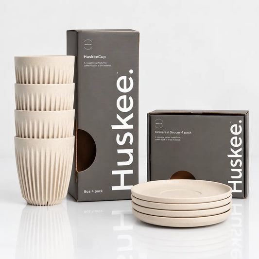 HuskeeOriginal 8oz Coffee Cups & Classic Saucers Set – 4 Cups + 4 Saucers Natural