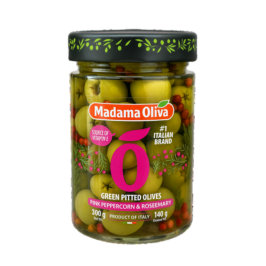Madama Oliva Green Pitted Olives – Pink Peppercorn & Rosemary (300 g) - Petits Tresors