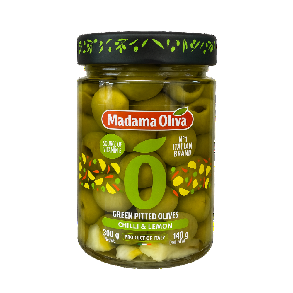 Madama Oliva Green Pitted Olives – Chilli & Lemon (300 g) - Petits Tresors