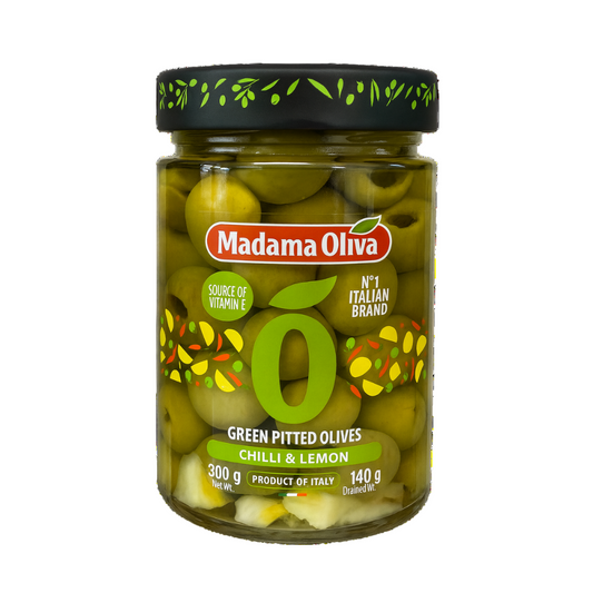 Madama Oliva Green Pitted Olives – Chilli & Lemon (300 g) - Petits Tresors
