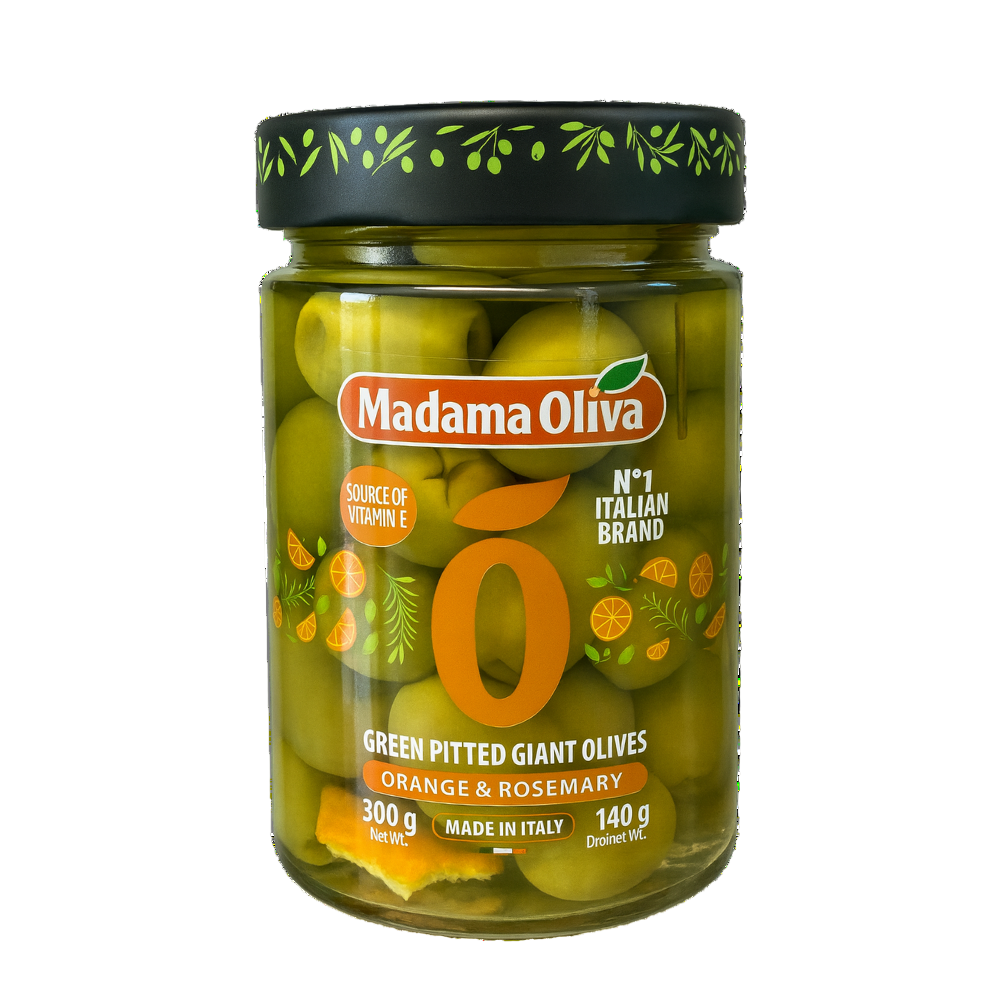 Madama Oliva Green Pitted Giant Olives – Orange & Rosemary (300 g) - Petits Tresors