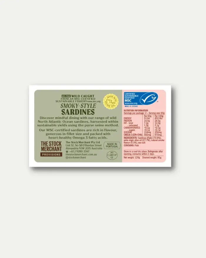 The Stock Merchant MSC Smoky-Style Sardines in Organic EVOO 120g The Stock Merchant