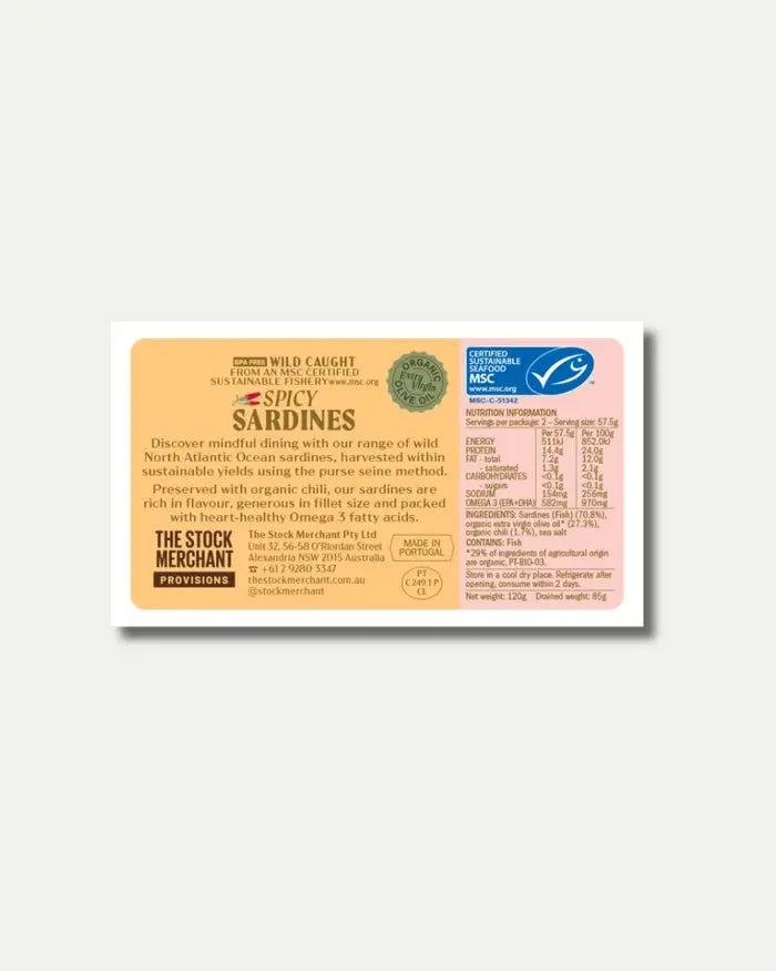 The Stock Merchant MSC Spicy Sardines in Organic EVOO 120g The Stock Merchant