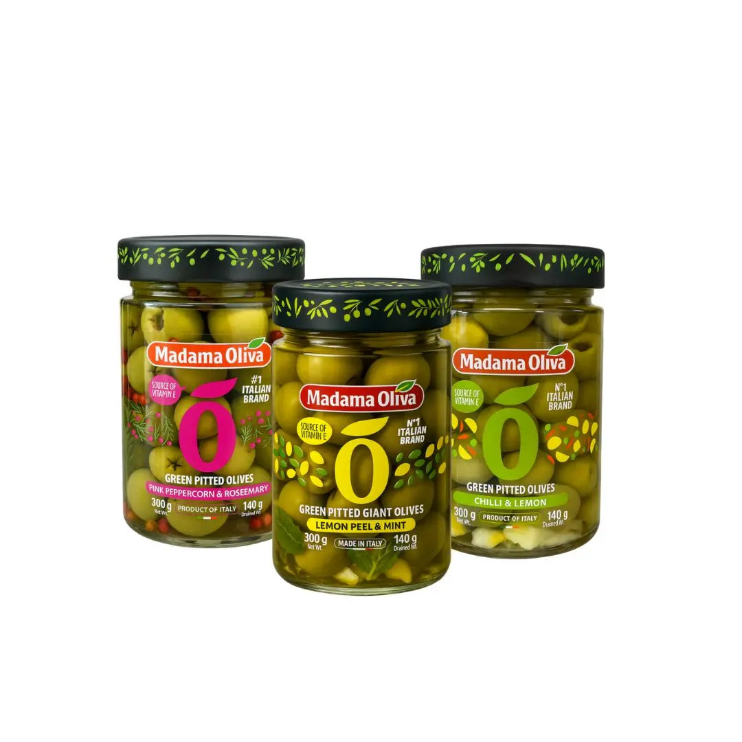 Madama Oliva Gourmet Olive Trio – Green Pitted Olives with Chilli, Citrus & Herbs (3×300g) Madama Oliva
