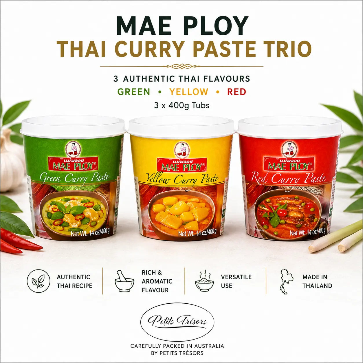 Mae Ploy Thai Curry Paste Trio 3 x 400g | Green, Yellow & Red Curry Pastes - Petits Tresors