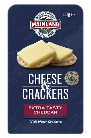 Mainland Extra Tasty Cheddar with Water Crackers 50g single-serve cheese and crackers snack pack