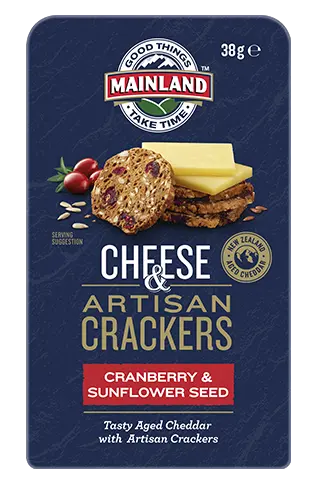 Mainland Tasty aged cheddar with cranberry and sunflower seed artisan crackers 38g snack pack