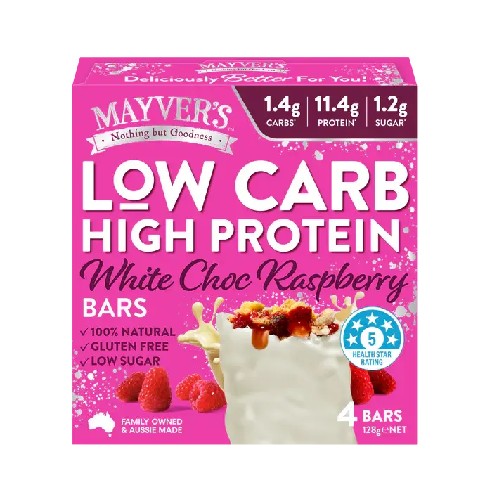Mayver's Low Carb High Protein White Choc Raspberry Bars 4pk Mayver’s