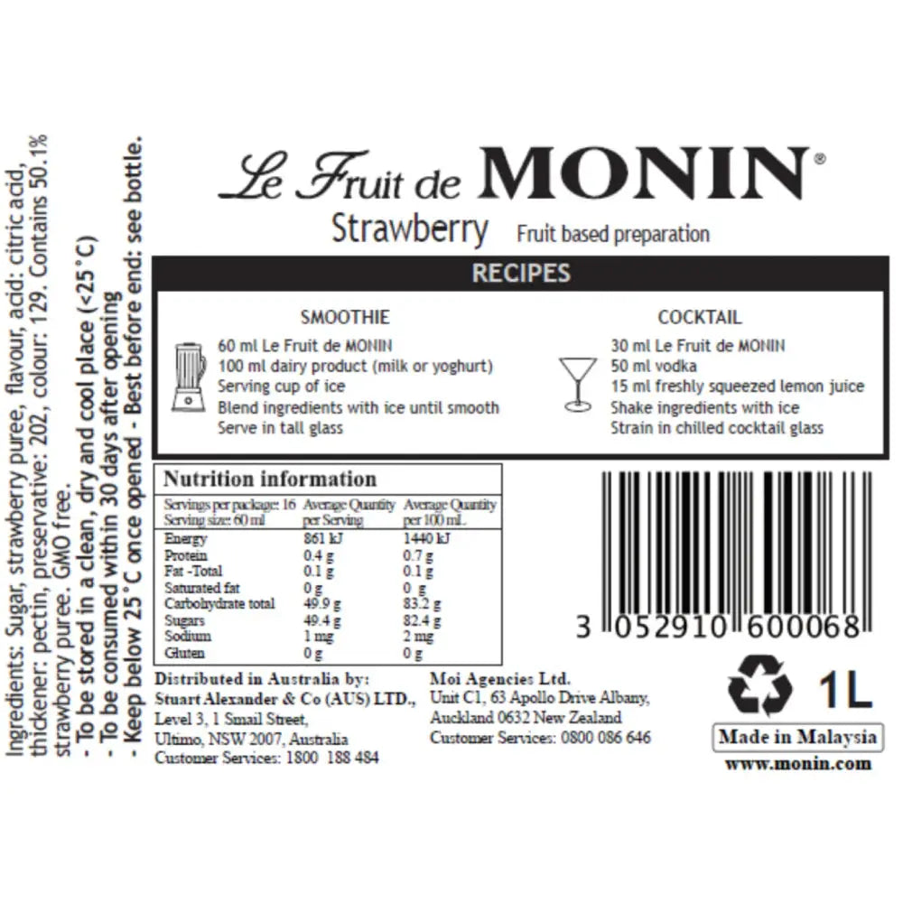 Le Fruit de MONIN Strawberry Puree 1 L – Premium Fruit Mix for Drinks & Desserts Monin