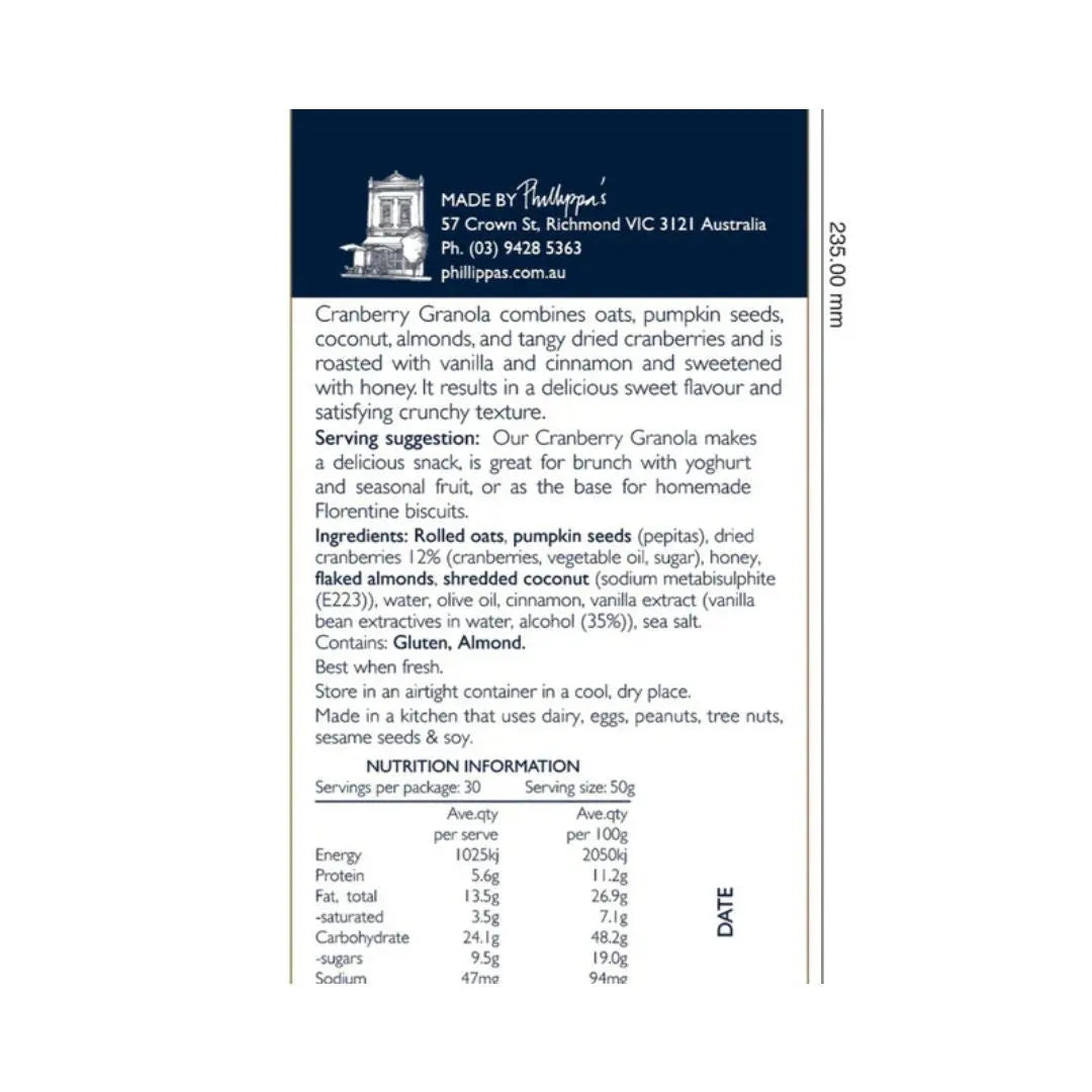 Phillippa’s Cranberry Granola – Toasted Oats, Seeds & Honey with Tangy Cranberries Phillippas