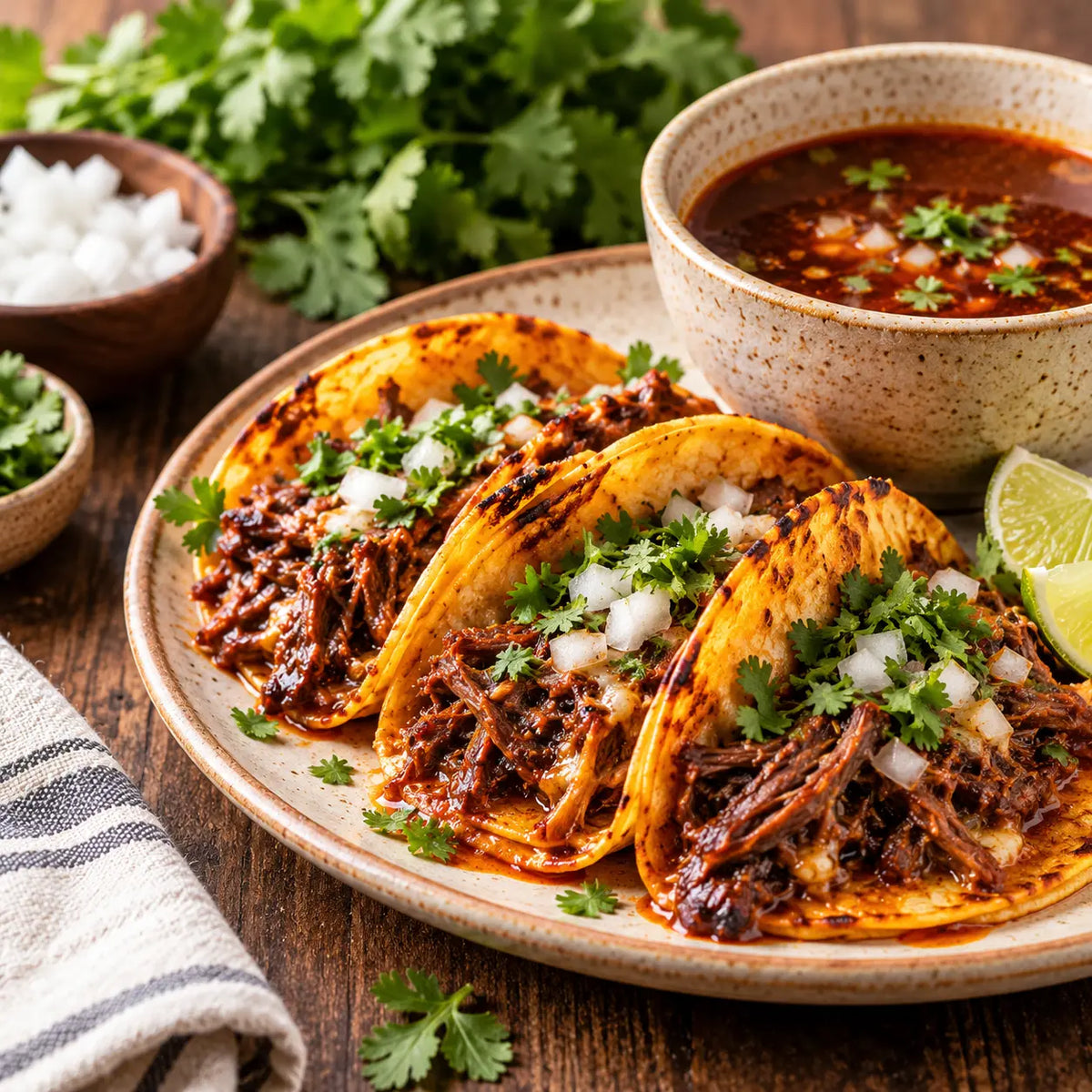 Birria tacos with consomé made with the Birria Starter Pack