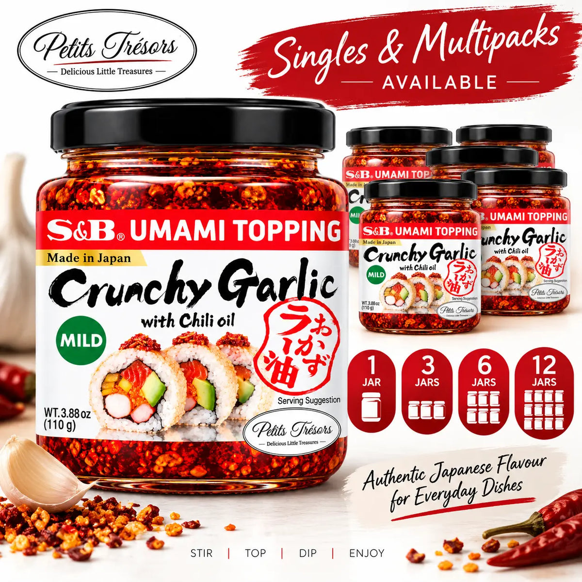 S&B Umami Topping Crunchy Garlic with Chili Oil 110g – Irresistibly Addictive