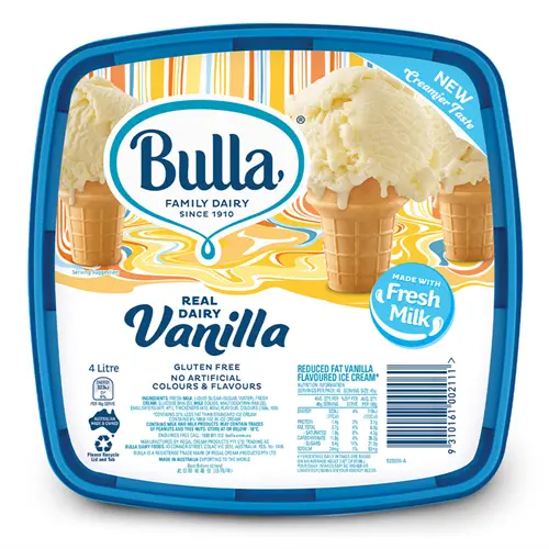 Bulla Real Dairy Vanilla Ice Cream 4L – Creamy, Aussie Made Tub Bella