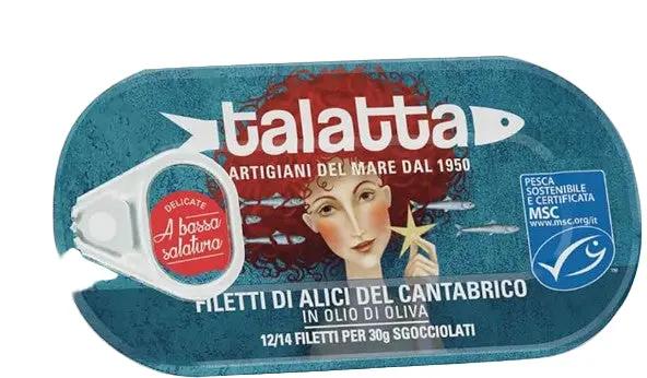 Tin of talatta fish fillets with branding and product details on a white background