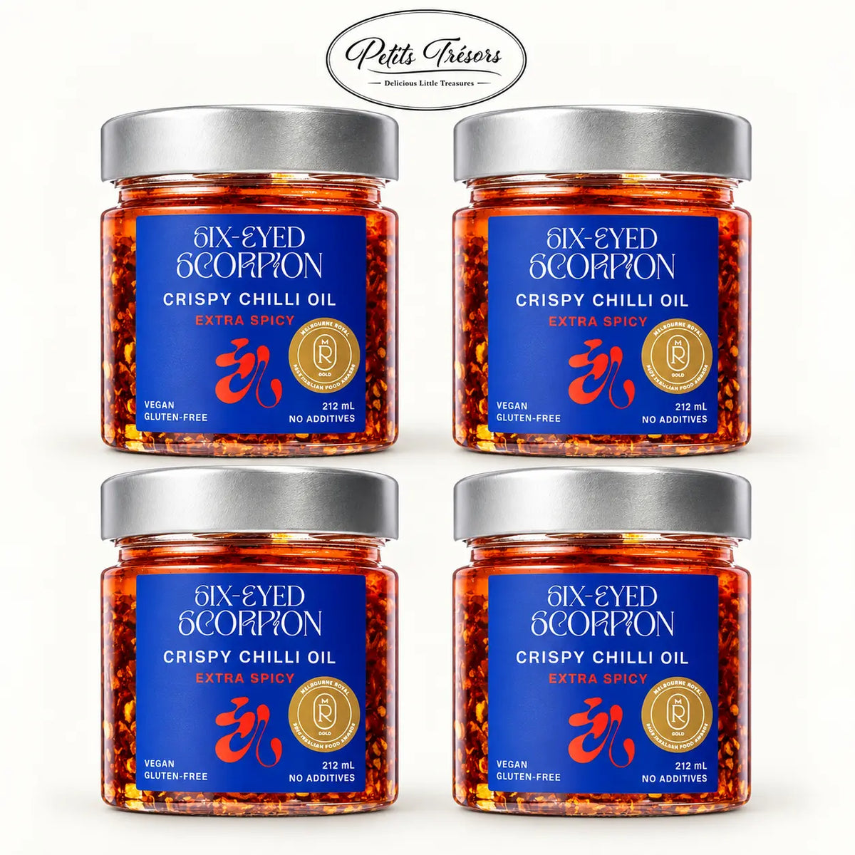 Six-Eyed Scorpion Extra Spicy Crispy Chilli Oil 4 pack, 4 x 212ml jars