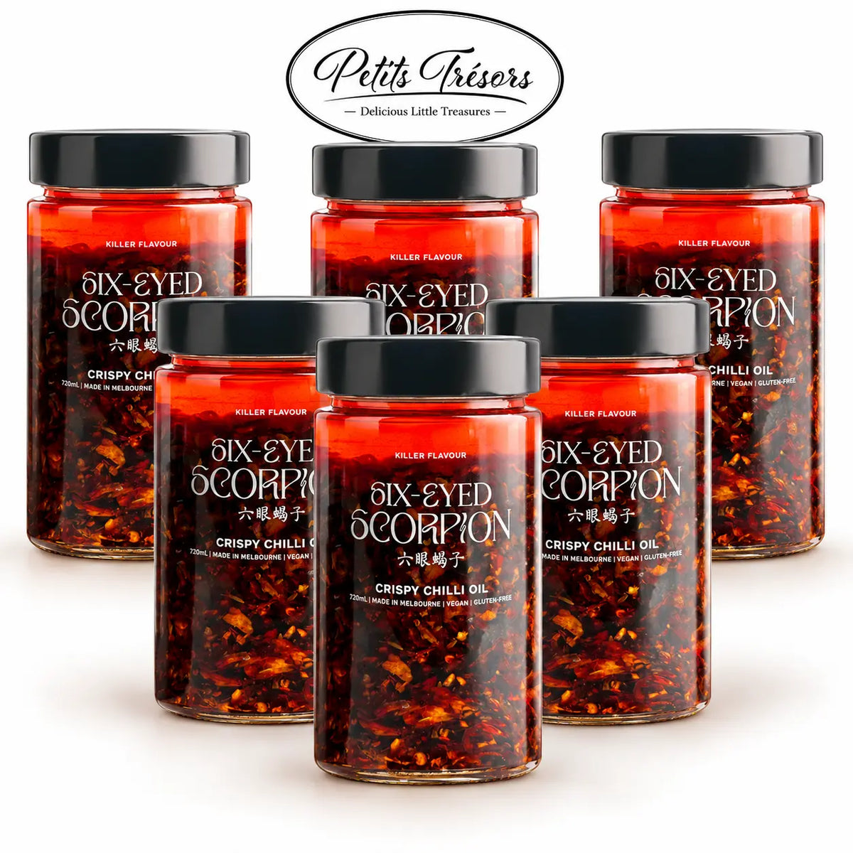 Six-Eyed Scorpion Original Crispy Chilli Oil XL 6 pack, 6 x 720ml jars, heritage label